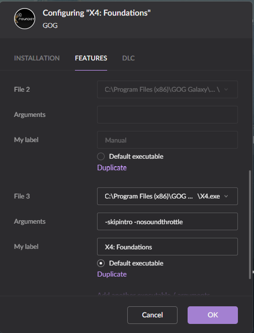 The same dialog scrolled down to File 3, whose Arguments field holds -skipintro -nosoundthrottle, labelled X4: Foundations and with the Default executable radio button selected