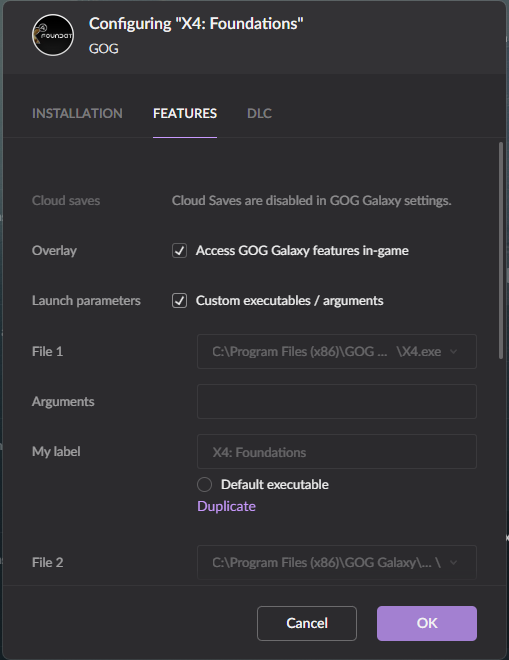 The GOG Galaxy Configuring X4: Foundations dialog, Features tab, with the Launch parameters checkbox Custom executables / arguments ticked, and below it File 1 with an empty Arguments field and a My label field