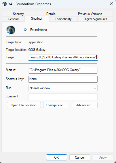 The properties of the Start menu shortcut GOG installs: Target location reads GOG Galaxy, the Target ends in Files (x86)\GOG Galaxy\Games\X4 Foundations, and Start in is C:\Program Files (x86)\GOG Galaxy