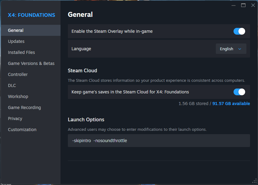 The Steam properties window for X4: Foundations, General page, with the Launch Options box at the bottom holding -skipintro -nosoundthrottle