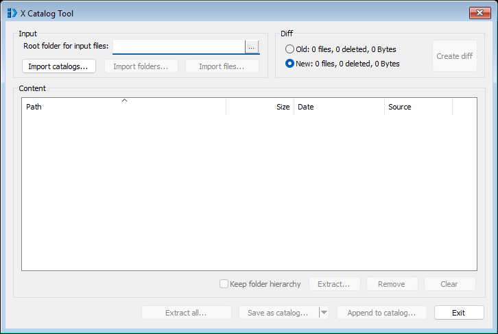 The X Catalog Tool window, empty: an Input group, a Diff group, an empty Content list, and a row of buttons