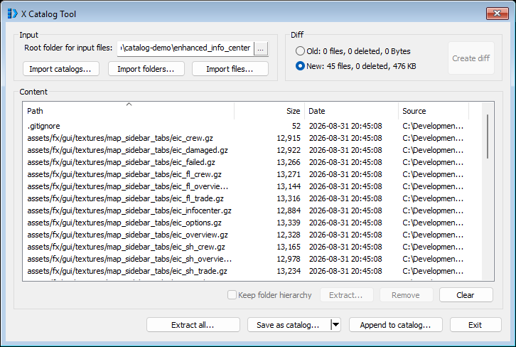 The window after importing a mod folder: 45 files, 476 KB, the Content list showing paths relative to the root folder