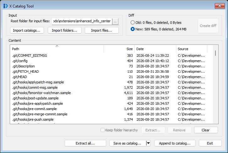 The same mod folder imported from its git working copy: 589 files, 264 MB, the list full of .git/hooks and .git/objects entries