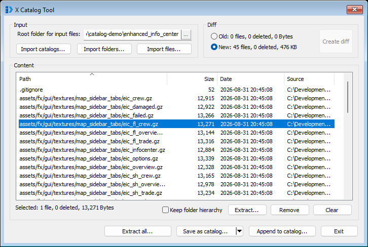 One row selected; the status line reads Selected: 1 file, 0 deleted, 13,271 Bytes and the Extract, Remove and Keep folder hierarchy controls are now enabled